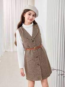SHEIN 2pcs Tween Girl Autumn Winter Waistcoat Jacket Set With Blouse - Apricot - View 6