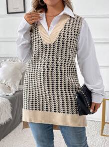 EMERY ROSE Áo len chui đầu dài không tay họa tiết răng sói thanh lịch giản dị cỡ lớn dành cho mùa đông, thích hợp đi làm, mua sắm, nghỉ dưỡng, ăn trưa, hẹn hò và tiệc tùng. - Nhiều màu - Xem 4