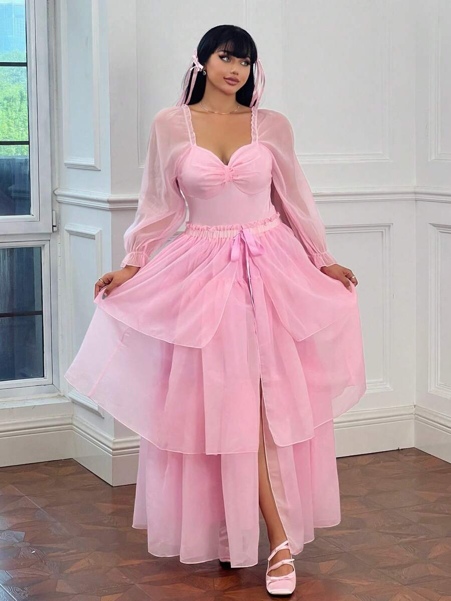 Flirla Plus Size Sweet European Style Palace Tie-Bow Ruffle Layered Skirt With Front Opening, Pink - Pink - View 1