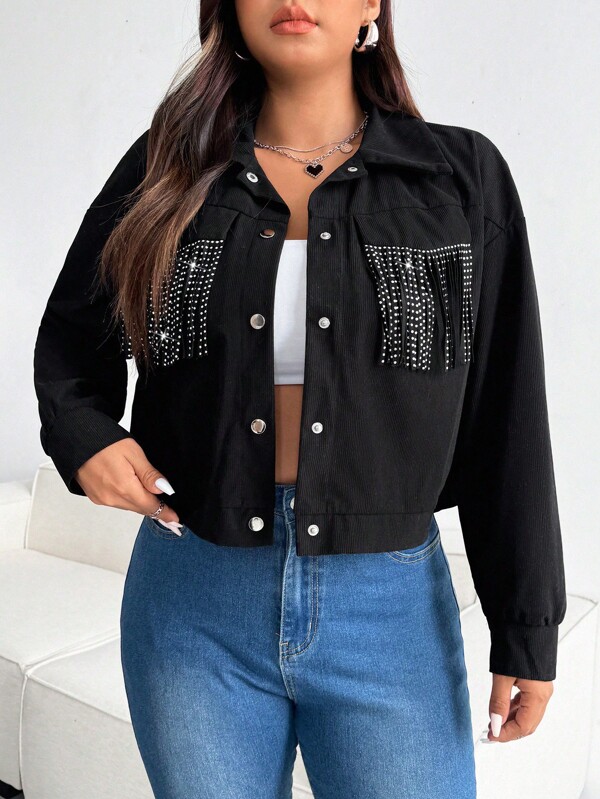 Calvaya Plus Size Women Wiosna i Jesień Patchwork Fringe Długi Rękaw Skrócona Kurtka Casualowa