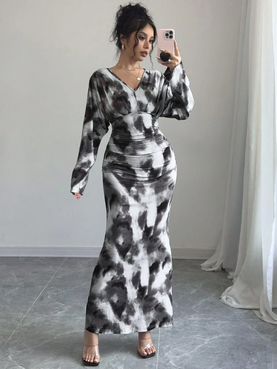 Firerie 女士V领宽松长袖水墨画图案长裙，适合秋季、教师、商务休闲、返校 - 彩色 - 查看 1