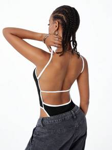 SHEIN EZwear Bộ đồ liền thân không tay có viền màu dành cho nữ - màu đen - Xem 2