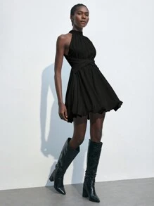 Maija Mock Neck Ruffle Peplum Short Dress For Women, Black, Spring/Summer Romantic, Fashion, Versatile; Suitable For Summer Vacation, Comfortable, Bohemian Style, Beach Wear, Swimsuit Cover-Up, Stylish, Elegant, Casual, , Simple Daily Wear, Country Style, Essential, Solid Color, Holiday Casual, Decent, Single Lady, Ideal For Vacation Elegant Fashion Business Casual Woman Going Out Tops Graduation Outfit European Summer Hawaii Outfits Women Summer Dresses For Women Streetwear Women Stockholm Style Teacher Outfits For Women,Christmas Women's Clothing Party Dress