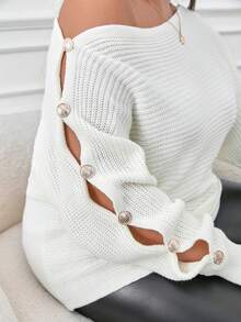 RueChic Plus Size Women Gold Button Detailed Drop Shoulder Elegant Sweater - Apricot - View 6