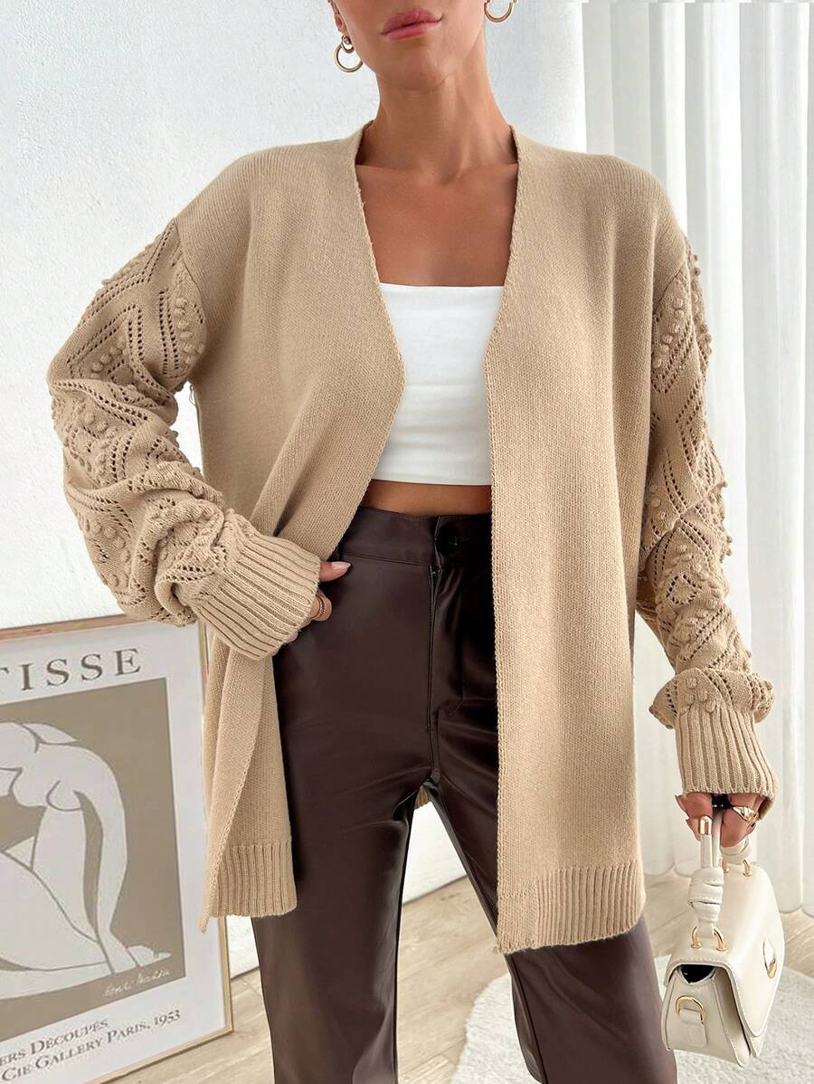 EURMUSE 秋冬季条纹针织休闲宽松长款连衣裙，及膝直下摆内衣 - 駝色 - 查看 1