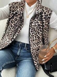 SHEIN Frenchy French Women's Leopard Print Sleeveless Quilted Puffy Warm Coat,Women's Leopard Print Sleeveless Quilted Padded Coat,Fall Women Clothes,Leopard Costume,Winter Clothes,Winter Clothes,
