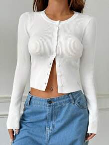 LYSMO Women Crew Neck Long Sleeve Button Casual Plain Simple Style Sweater,Long Sleeve Tops
