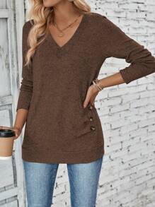 EMERY ROSE Women V-Neck Long Sleeve Solid Color Button Pleated Casual T-Shirt, Spring Autumn Fall Cloth For Women - Coffee Brown - View 6