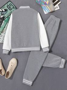 SHEIN Vacaura 2-Pack Boys' College Casual Contrast Color Letter Chapter Baseball Jacket With Sweatpants Suitable For Casual School Outings, Easy To Match Clothes, Suitable For Autumn And Winter, Back To School - Grey - View 3