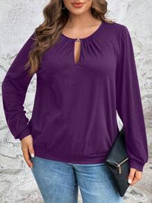 EMERY ROSE Plus Size Casual Crew Neck Long Sleeve Sweatshirt, Fall Winter Autumn - Purple - View 3