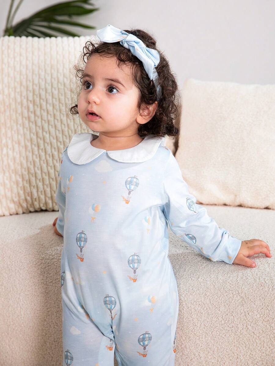 Baby Girl Elegant Tropical Balloon Pattern Collared Jumpsuit - Blue and White - View 1
