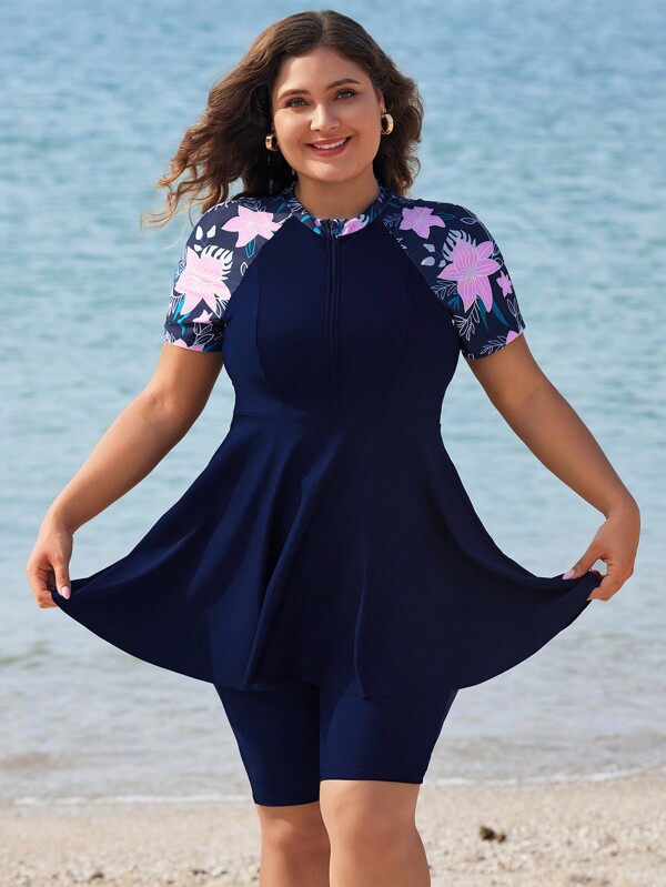 Swim Mulvari Plus Size Loose Floral Print Tankini Swimsuit Plus Size Beach Dress Summer