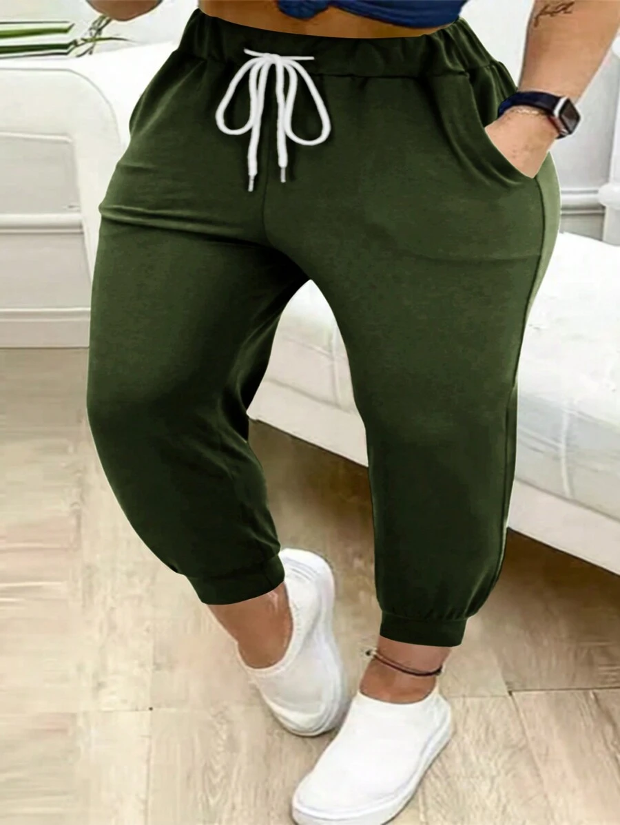 Pantalones de talle alto con cordón, de unicolor, de longitud hasta el tobillo, de estilo casual para primavera, para mujeres de talla grande