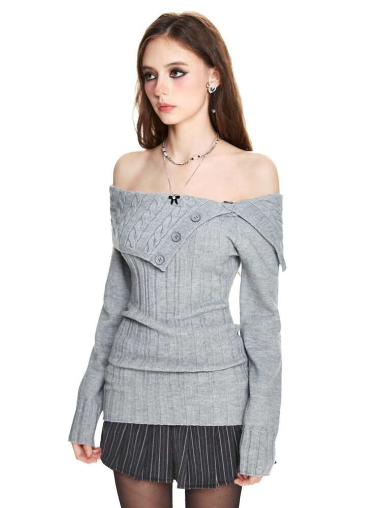 ROMWE Y2K スタイル レディース オフショルダー リブ編み クロップドセーター 長袖トップス - グレー - 見る 6