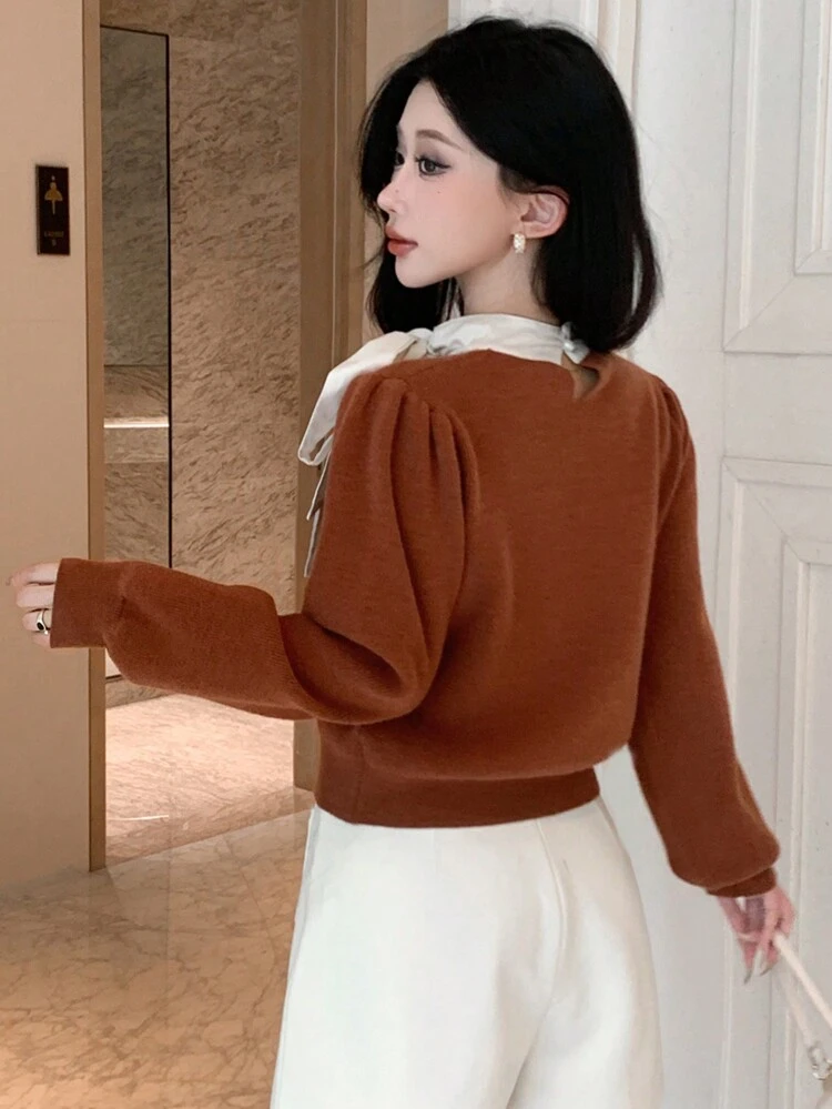 Women Casual Colorblock Twist Collar Knit Sweater, Autumn,Fall Women Clothes