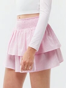 Muchica 女士格子时尚休闲粉色荷叶边下摆半身裙 - 粉色 - 查看 5