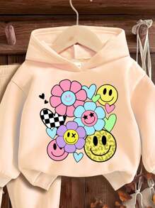 SHEIN Leap Crew 女宝宝针织柔软连帽休闲宽松长袖加厚卫衣裤子套装，适合秋冬季 - 米色 - 查看 4