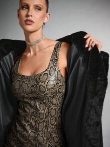 SHEIN X Phaith Montoya SHEIN BAE Women's Solid Color Long Sleeve Simple Long Jacket, Fur Coat Casual Daily Wear Winter Vintage Fur Coat Fall Women Clothes Halloween Customs Women Cat Woman Costume Fur Coat Warm Comfortable And Soft, Suitable For Various Occasions When Going Out Commuting Or Partying - Dark Grey - View 4