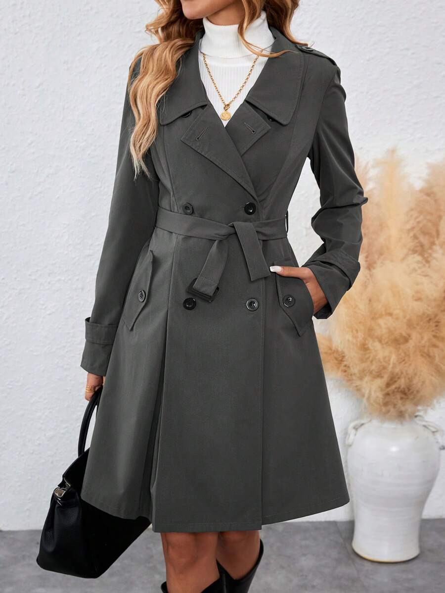 EMERY ROSE Women's Collar Cinched Waist Midi Trench Coat, Dark Grey Fall Winter Cloth For Women