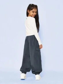 SUMWON Tween 女孩长袖衬衫和褶饰工装裤两件套 - 灰色 - 查看 2