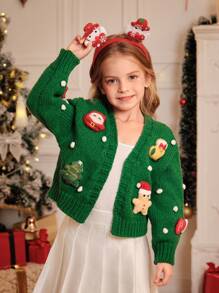 Young Girl And Young Girl Christmas Cardigans, Green, Decorative Snowball & Lantern Sleeves, High Quality, Casual, Elegant, Warm, Suitable For Christmas, Holiday, Family Gathering, New 2024 Knit Sweater, Autumn Winter - Green - View 1