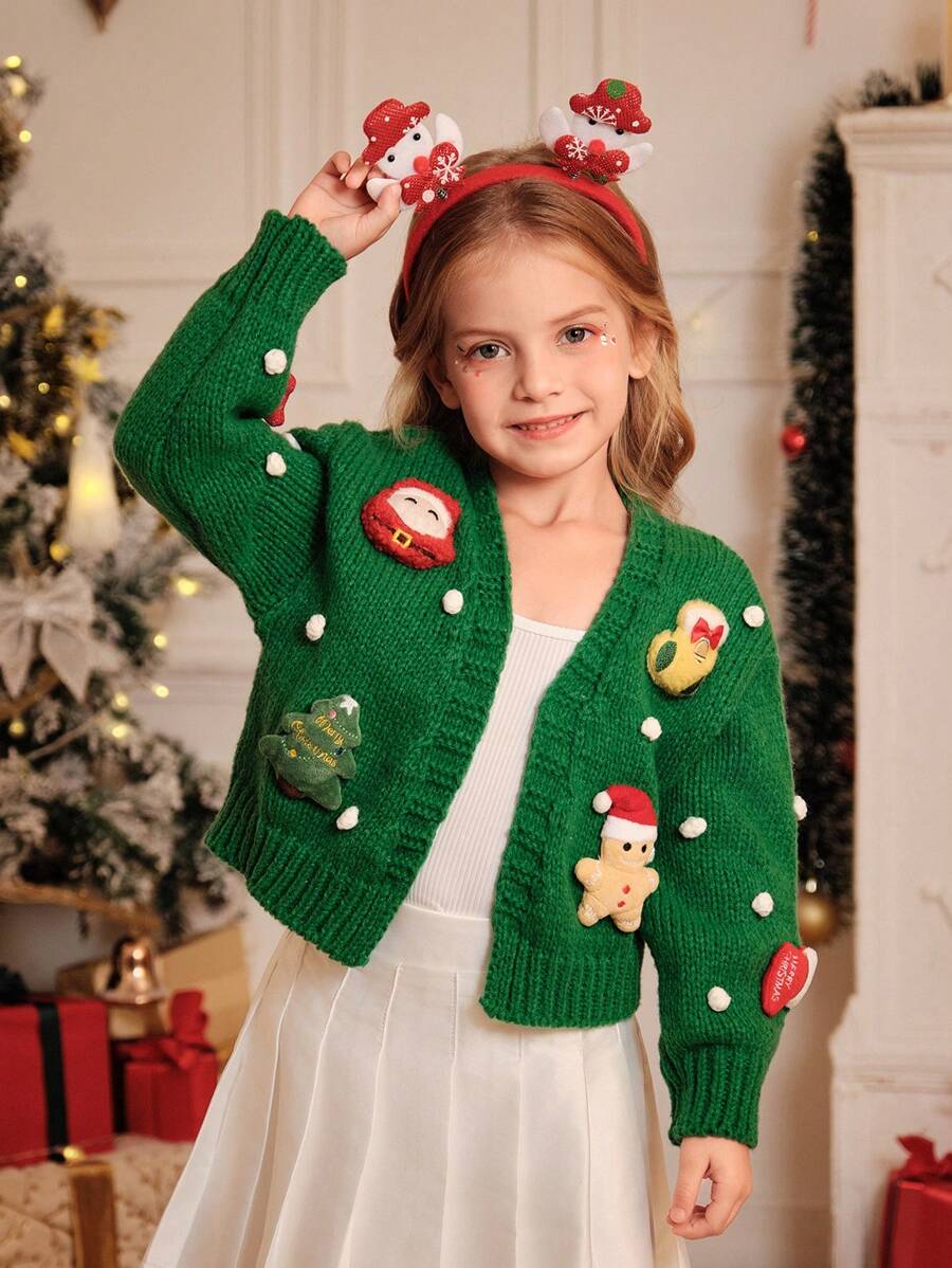 Young Girl And Young Girl Christmas Cardigans, Green, Decorative Snowball & Lantern Sleeves, High Quality, Casual, Elegant, Warm, Suitable For Christmas, Holiday, Family Gathering, New 2024 Knit Sweater, Autumn Winter - Green - View 1