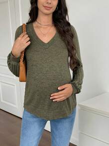 SHEIN Pregnant Women's V-Neck Long Sleeve Casual Loose T-Shirt, Spring And Autumn, For Maternity - Army Green - View 3