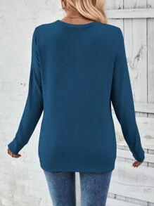 EMERY ROSE Camiseta casual de manga larga con cuello redondo de unicolor para mujer, con botones a los lados y diseño fruncido, para primavera y otoño - Agua verde azul - Ver 2