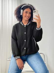 SHEIN EZwear Áo khoác kẻ sọc chắp vá cỡ lớn màu đen giản dị cho nữ - màu đen - Xem 5