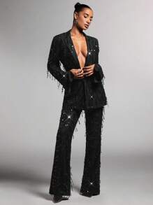 SHEIN BAE 女士翻领长袖亮片拼布派对西装外套，春秋黑色返校节万圣节女士服装性感吸血鬼服装猫女服装秋季女士黑色长袖圣诞服装万圣节女士服装秋季服装派对女士感恩节亮片冬季女士服装 - 黑色 - 查看 6