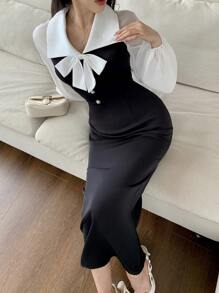 Modelyn Women's Elegant Turn-Down Collar Twist-Knot Contrast Color Long Sleeve Midi Dress