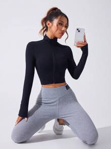 Women Spring/Autumn Solid Color Zipper Collar Long Sleeve Fitted Crop Jacket - Black - View 6