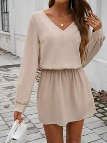 Solid Color Long Sleeve V-Neck Casual Dress - Apricot - View 4