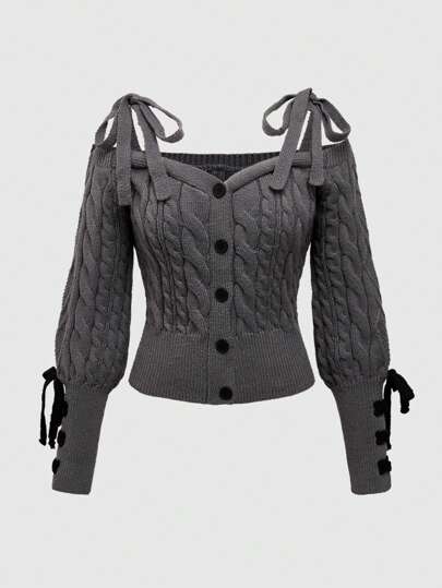 Kawaii Cardigan court à manches bouffantes et épaules dénudées avec décorations de nœud aux poignets, style mignon et doux Himekaji pour femmes