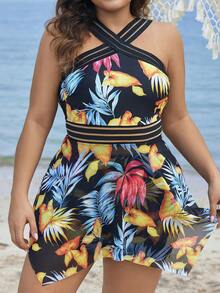 SHEIN Swim Curve Váy bơi in họa tiết nhiệt đới lưới ghép cỡ lớn, đi nghỉ thường ngày - Nhiều màu - Xem 3