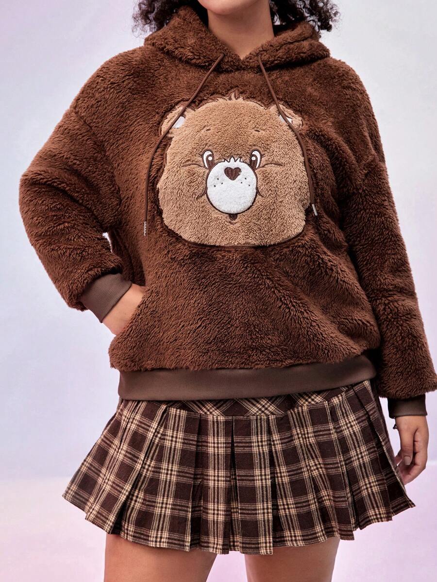 SHEIN X Care Bears 大码休闲百搭保暖外套蓬松面料刺绣卡通熊耳朵连帽衫，插肩宽松羊毛棕色运动衫，秋冬 - 棕色 - 查看 1