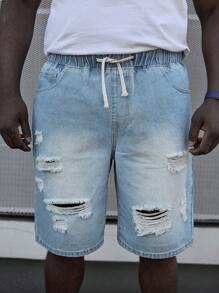 Manfinity Homme Men's Plus Size Ripped Drawstring Waist Denim Shorts Baggy Jorts Plain Light Blue Urban Street Wear Friends - Blue - View 7
