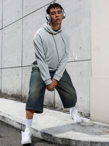 Manfinity Hypemode Loose Fit Men's Cross & Letter Graphic Drop Shoulder Drawstring Hoodie,Graphic Sweatshirt,Fall Men Clothes,Grey Sweater