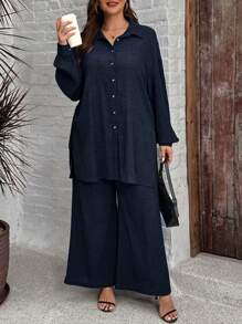 SHEIN LUNE 2pcs Plus Size Comfortable Textured Button-Up Long Sleeve Shirt And Elastic Waist Wide Leg Pants Set