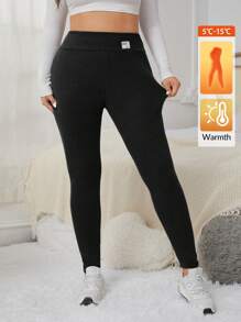 SHEIN EZwear Quần legging co giãn lót nhiệt dày dặn mùa đông cỡ lớn cho nữ có cạp rộng và chữ vá nhiệt - màu đen - Xem 7