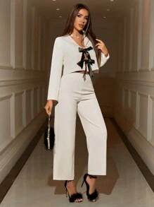 Allurite Conjunto de blazer de manga larga con doble lazo decorativo y pantalones para mujer, conjunto de otoño para mujer, atuendo de Navidad, ropa de Navidad, conjunto de fiesta de Navidad, conjunto de fiesta de vacaciones, atuendo de cumpleaños para mujer, conjunto de Año Nuevo, conjunto del Día de San Valentín