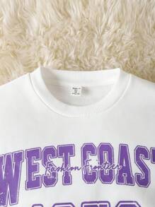 SHEIN Leap Crew Teen Girls Purple Tracksuit, Back To School, Casual Sports White And Purple Knitted Slogan Print Sweatshirt And Sweatpants Two-Piece Set - Purple - View 6