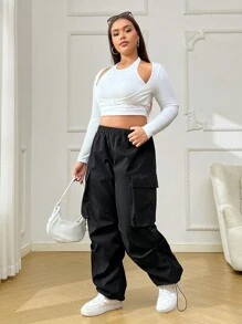 SHEIN EZwear 大码女式松紧腰休闲黑色长裤，带口袋 - 黑色 - 查看 6