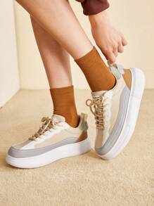 CUCCOO EASI Women Casual Sports Shoes, Leather Splicing Thick Soles, Fashionable And Unique Fall Tainers