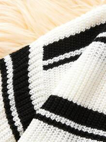 Suéter holgado, cálido y cómodo con cuello en V a rayas para niña preadolescente, estilo casual para principios del invierno - Blanco y Negro - Ver 6