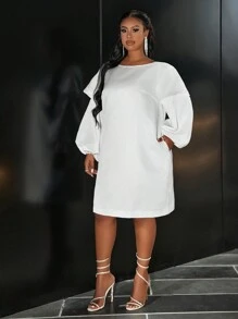 Slaydiva Vestido Midi de Cetim Branco Solto de Manga Lanterna Elegante e Apropriado para Festas, Encontros e Reuniões, Para Mulheres Plus Size, Primavera Outono - Branco - Visão 5