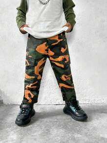 Young Boy Retro Neon Camo Casual Comfortable Washed Denim Jeans, Street Fashion Denim Pants - Army Green - View 7