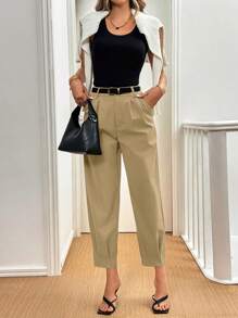 Xyvia 女式优雅纯色褶饰常规西装裤，秋季 - 卡其色 - 查看 7