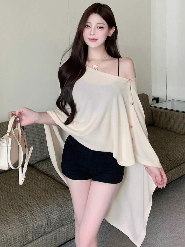 Women's Solid Color Batwing Sleeve Buttoned Poncho Knit Top, Autumn/Winter,Fall Women Clothes Women Sweater