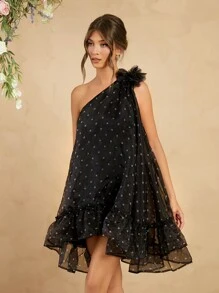 L'Amorae Abito con spalle scoperte a pois con fiore staccabile